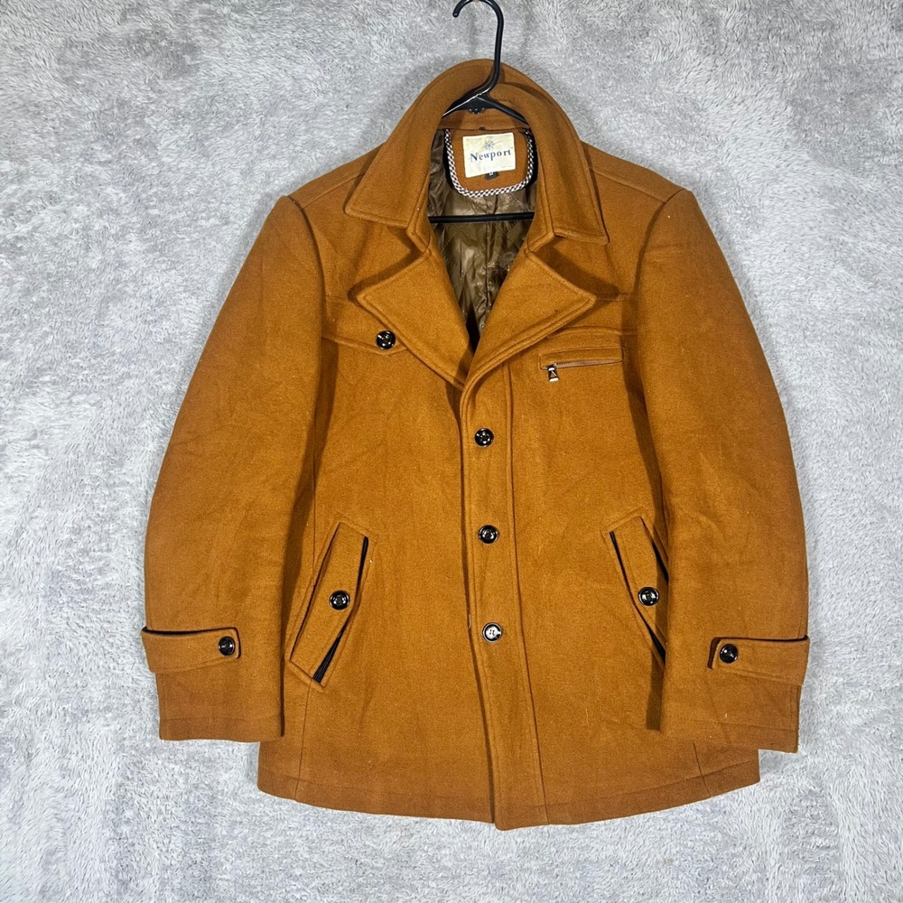 Newport Mens Pea Coat Brown Camel Button Front Quilted Lined Jacket M